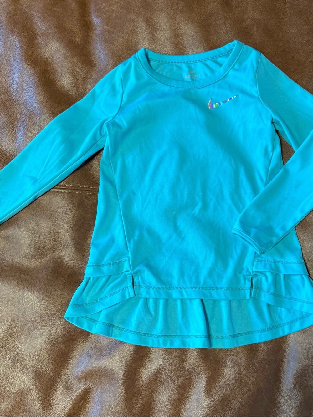 Nike Girls' Teal Long Sleeve Ruffle-Hem Performance Top